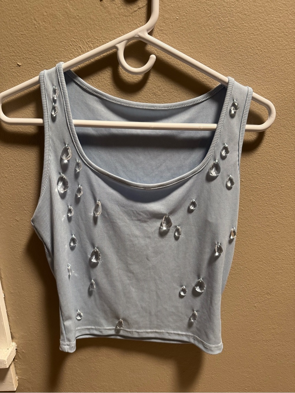 Light Blue Embellished Ribbed Crop Tank Top